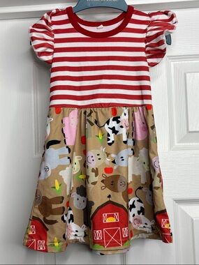 Red Striped & Farm Animal Girls Dress 6-12m